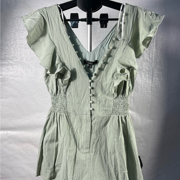 Lulu's Green Puff Sleeve Romper with Ruffled Smocked Details - Picture 1 of 4